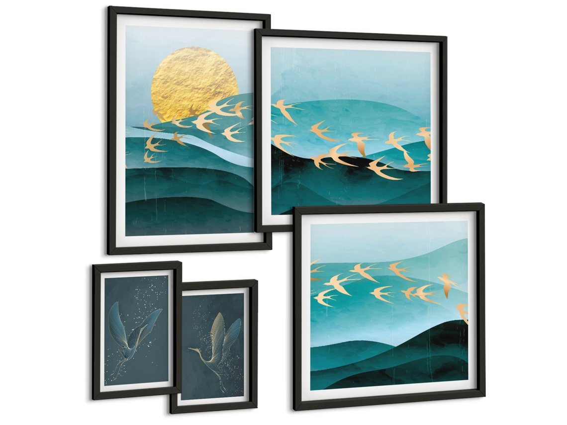 Conjunto De Pinturas Harmonia De Pássaros E Ondas Moderno Espelharte (5 Peças)
