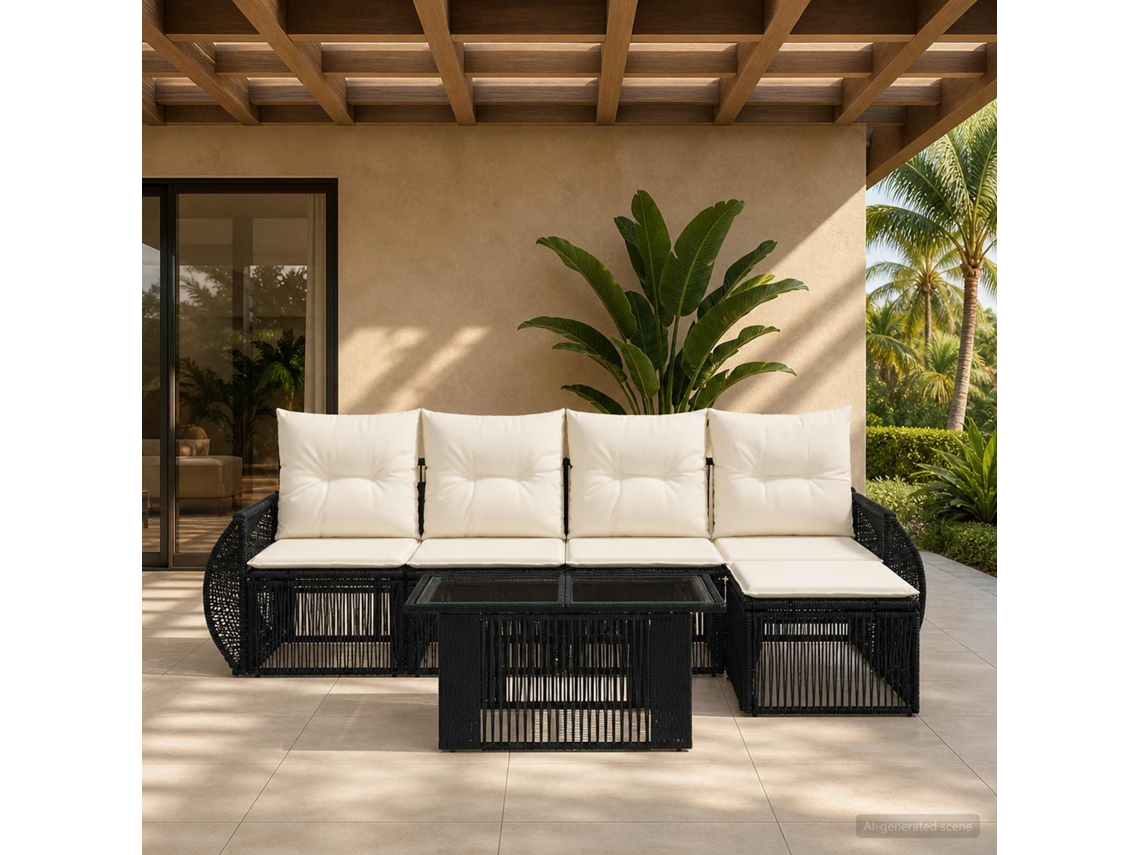 Vidaxl Conjunto De Sofá De Jardim 6 Unid. Preto E Branco Creme Vime Pe