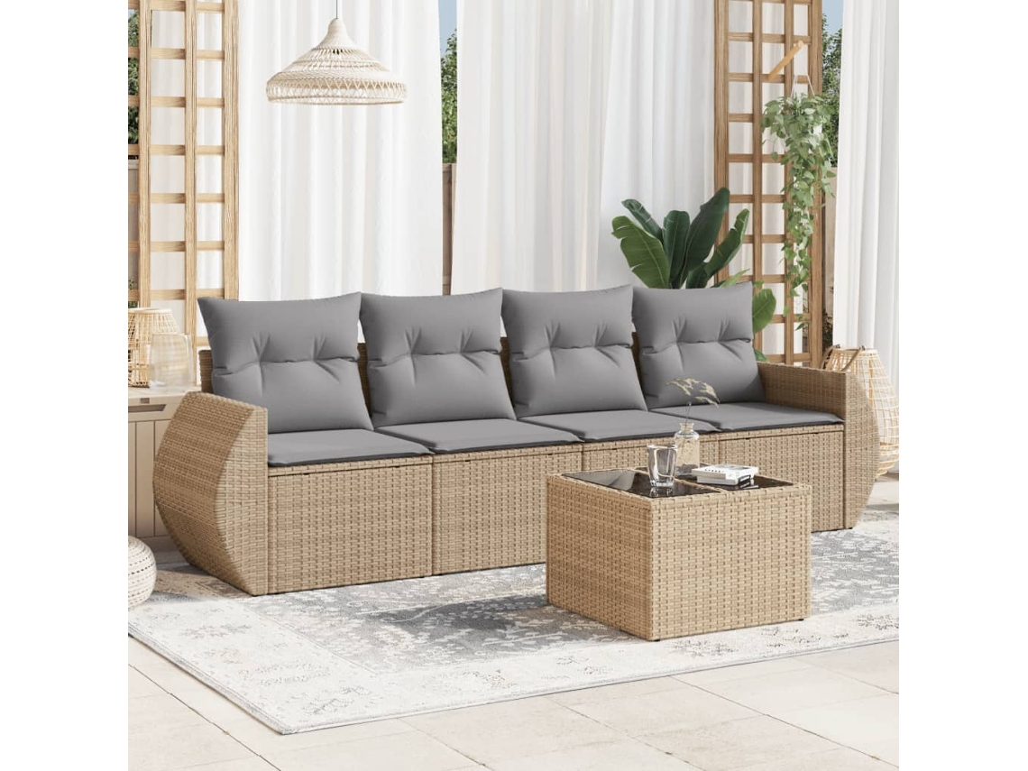 Vidaxl 5 Pcs Conjunto De Sofás P/ Jardim Com Almofadões Vime Pe Bege
