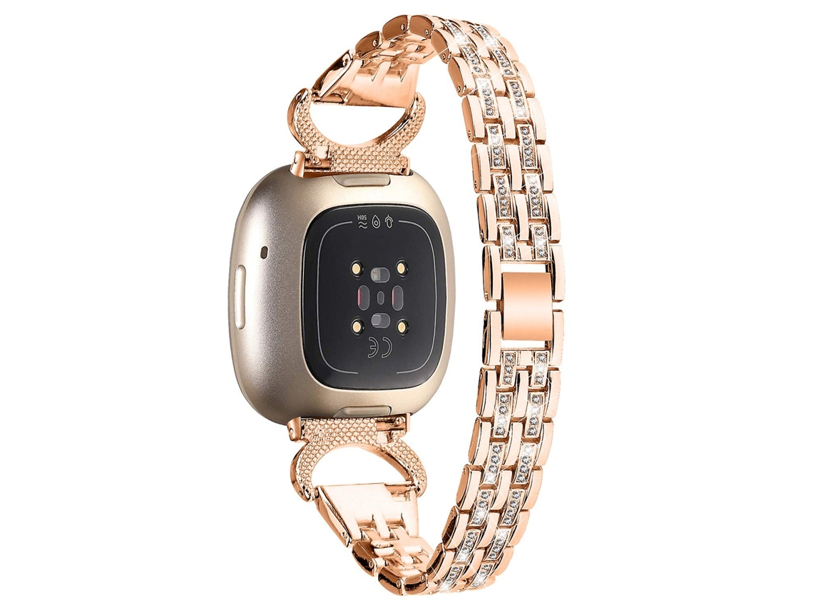 Pulseira Decorativa Em Aço Inox Com Strass E 5 Miçangas Para Fitbit Versa 4/sense 2 - Ouro Rosa