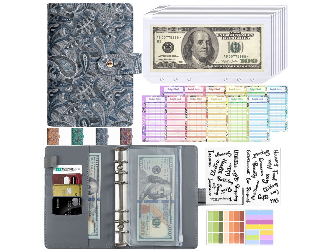 A6 Macaron Pu Faux Leather Ring Binder Notebook Journal With Zipper Pockets Budget Planner Exotic Paisley Gray Cover