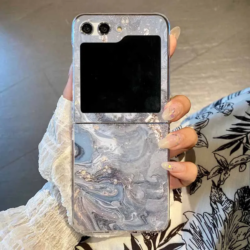 Capa Para Celular Samsung Z Flip4 Com Estampa De Mármore, Dobrável Em Policarbonato Transparente.