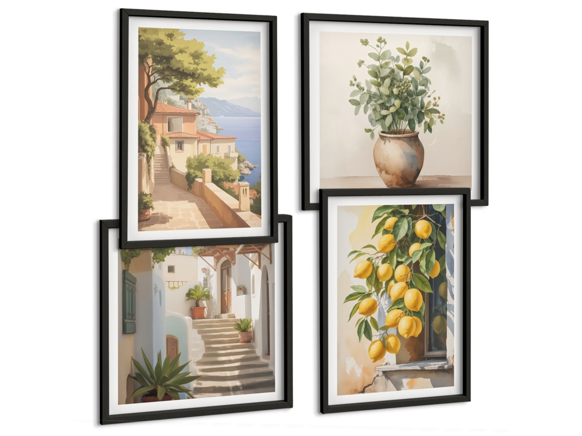 Quadros Decorativos Para Parede Ondas, Linhas Neon, Fundo Escuro Moldura Preta Imagens Para Um Quarto Infantil Espelharte (conjunto De 4 Imagens)