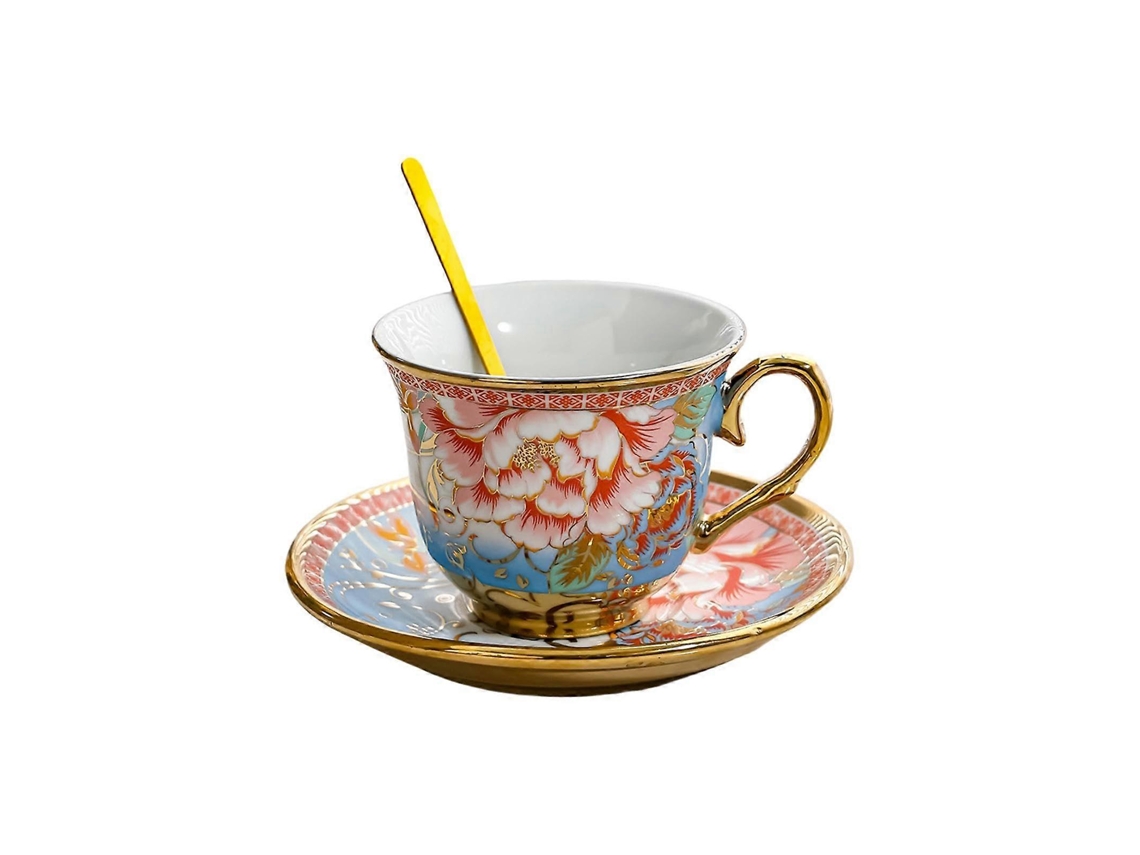 Conjunto De Xícara De Café De Cerâmica Com Pires E Colher, 200ml, Design Vintage Com Borda Dourada Pintada À Mão.