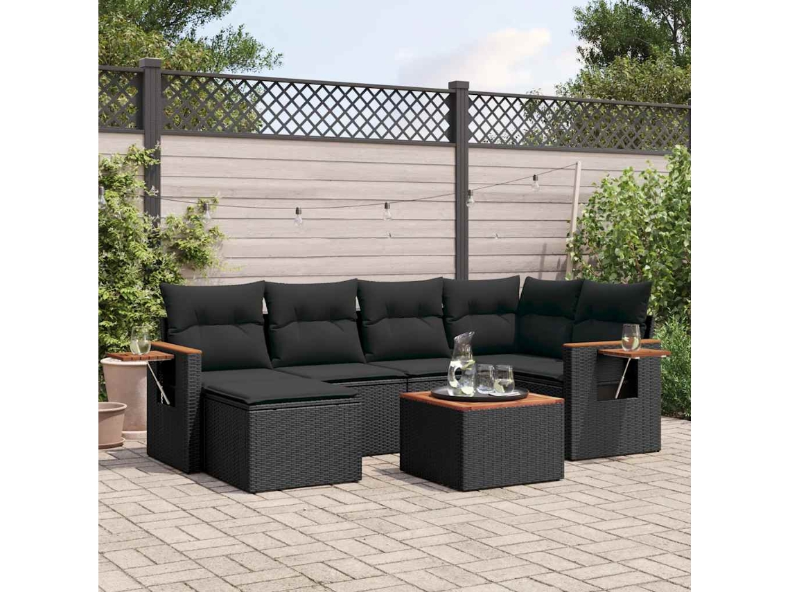 Vidaxl 7 Pcs Conjunto De Sofás P/ Jardim C/ Almofadões Vime Pe Preto