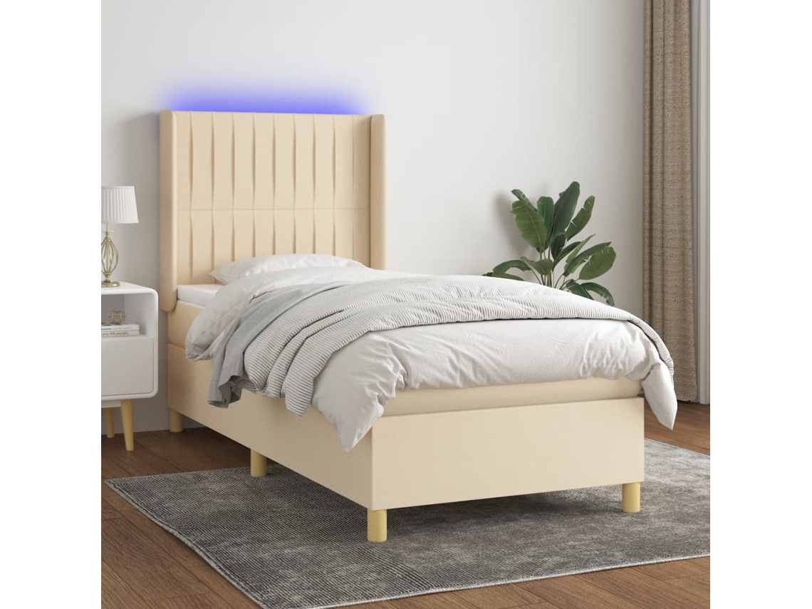 Vidaxl Cama Box Spring C/ Colchão E Led 100x200 Cm Tecido Cor Creme