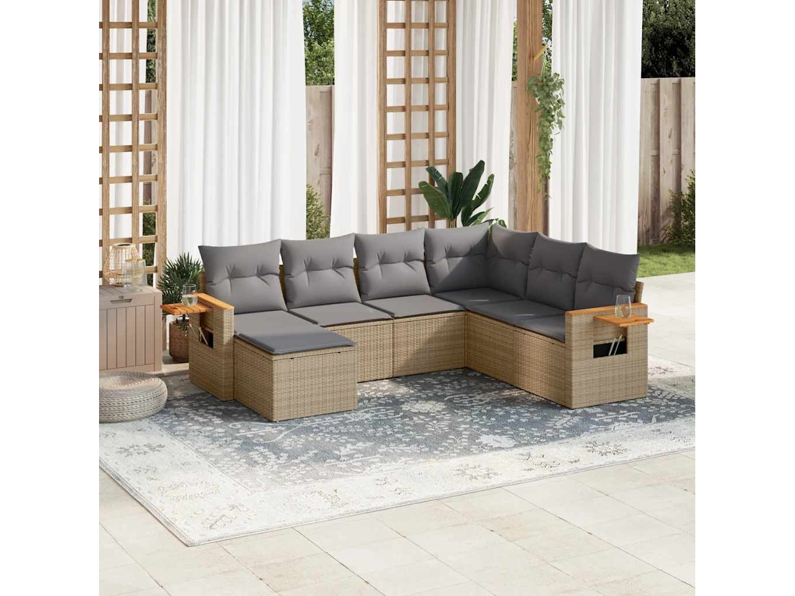 Vidaxl 7 Pcs Conjunto De Sofás P/ Jardim Com Almofadões Vime Pe Bege