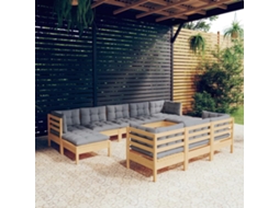 Vidaxl 10pcs Conjunto Lounge De Jardim + Almofadões Cinza Pinho Maciço