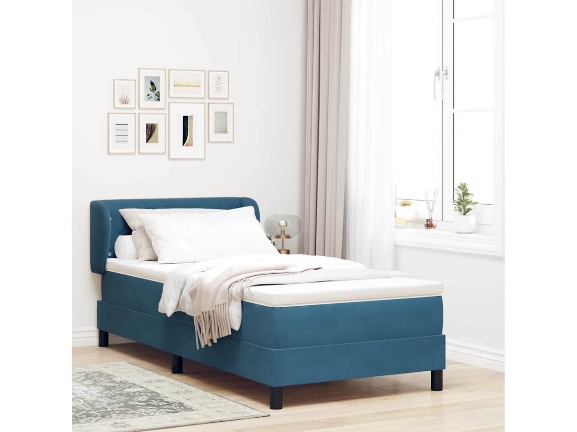 Vidaxl Cama Box Com Cabeceira Azul Escuro 90 X 190 Cm Veludo