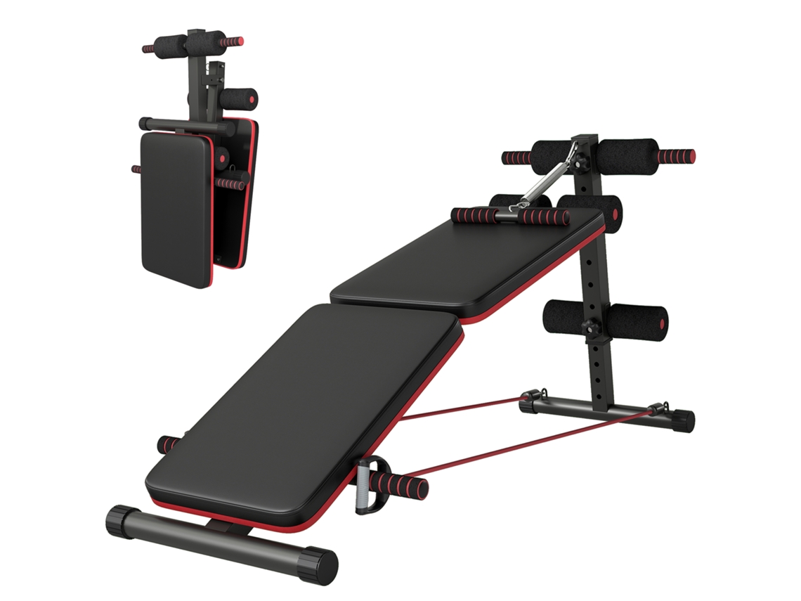 Banco Abdominal Dobrável E Ajustável Com Máquina De Remo E 2 Cordas, Aço 51x137x50-66 Cm, Preto E Vermelho