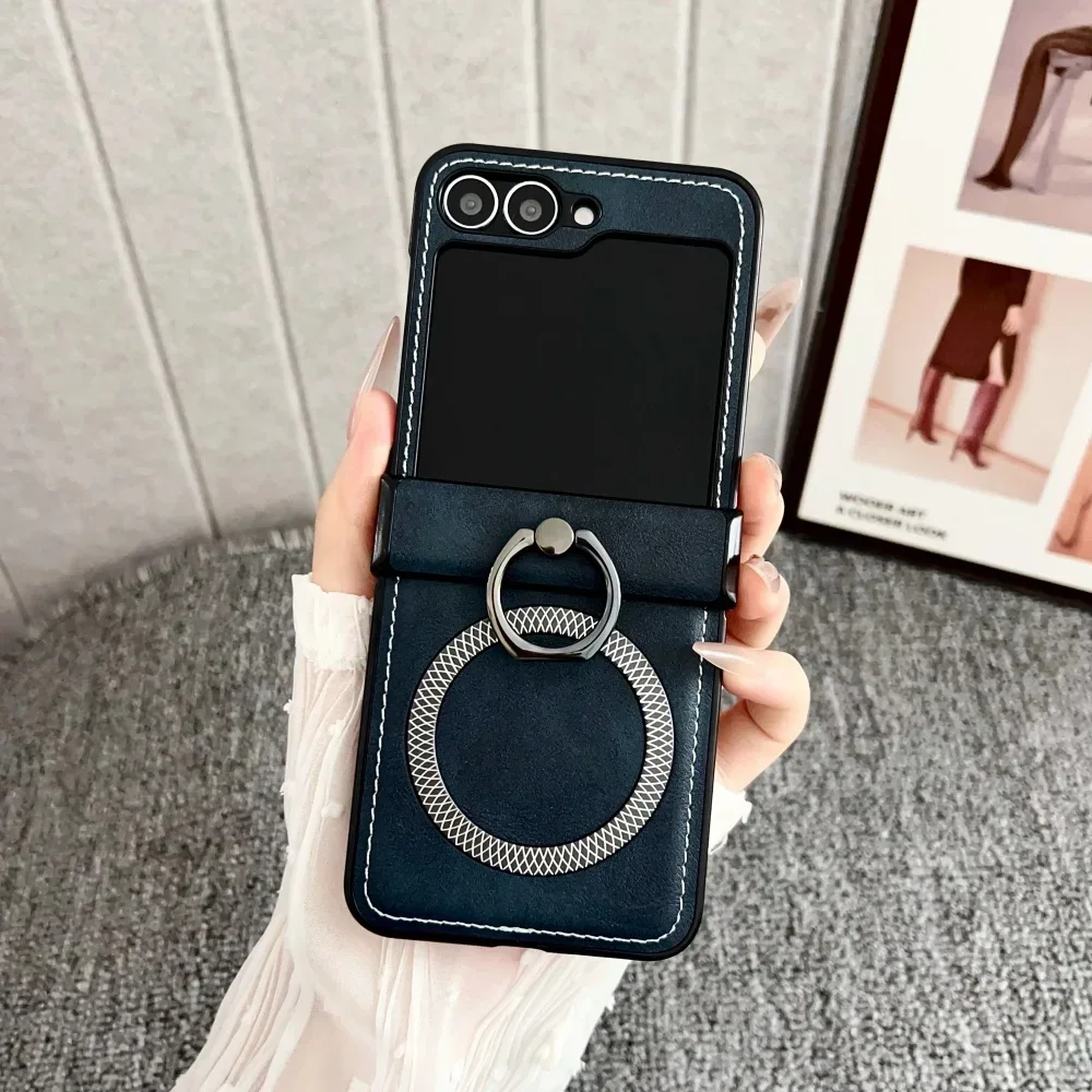 (azul-escuro, Galaxy Z Flip7) Couro Fosco Com Textura Tipo Casca De Abacaxi, Capa Com Suporte De Anel, Compatível Com Carregamento Sem Fio