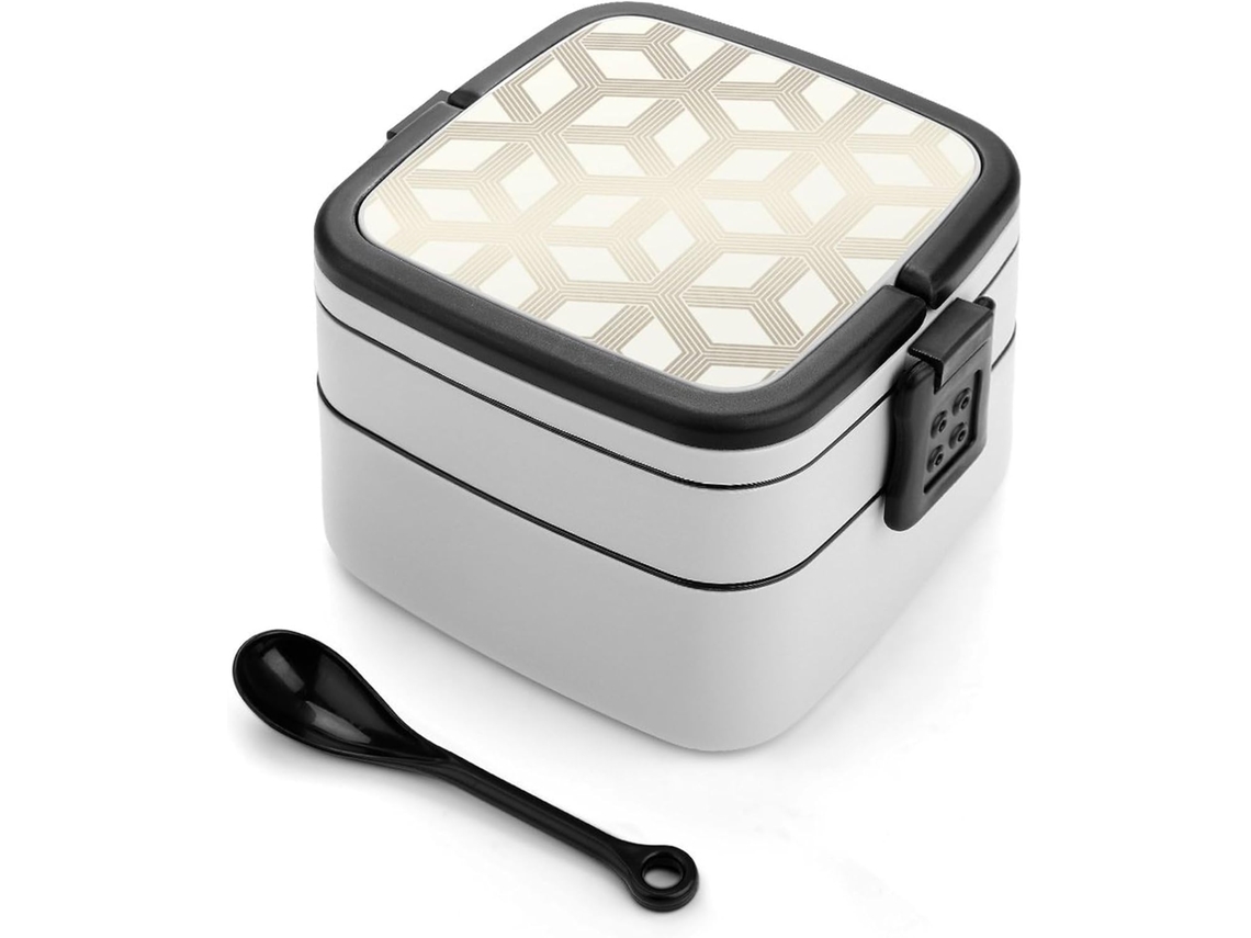 Hexa Marmita Bento Geométrica De Camada Dupla, Cor Dourada, 1000ml, Empilhável, À Prova De Vazamentos, Com Colher