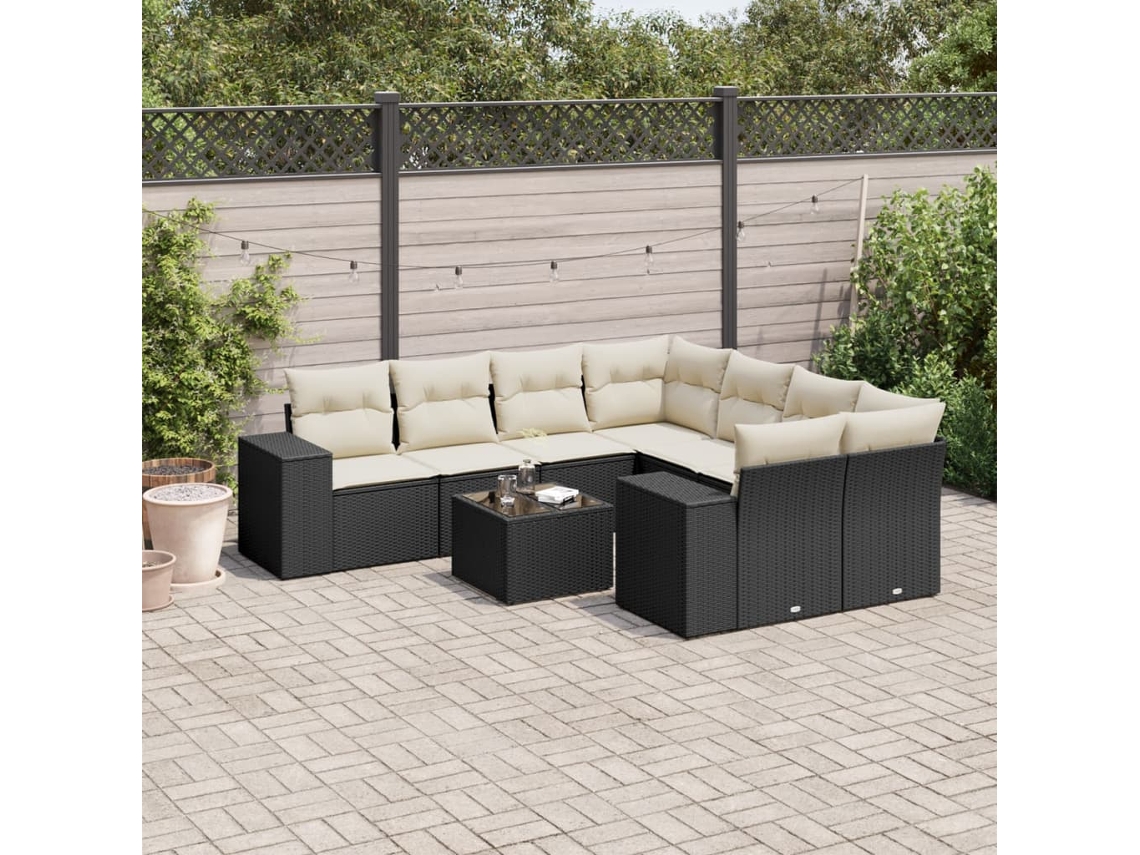 Vidaxl 9 Pcs Conjunto De Sofás P/ Jardim C/ Almofadões Vime Pe Preto