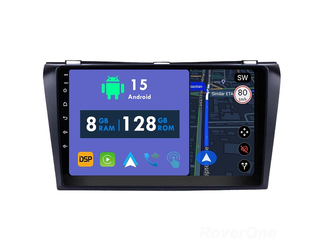 Auto Rádio Carro Bluetooth Autoradio 8GB RAM 128G ROM CarPlay Navegação GPS Ecrã Táctil RoverOne para Mazda 3 Mazda3 BK 2003-2009  