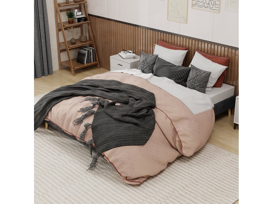 Cama Veludo Cinza 160x200 Baixa Minimalista