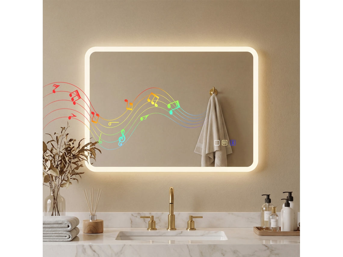 Espelho de Casa de Banho Led Bluetooth 50 X 70 Cm, Interruptor Táctil, Luz Ajustável 3 Cores, Anti embaçante, Memória, Prata