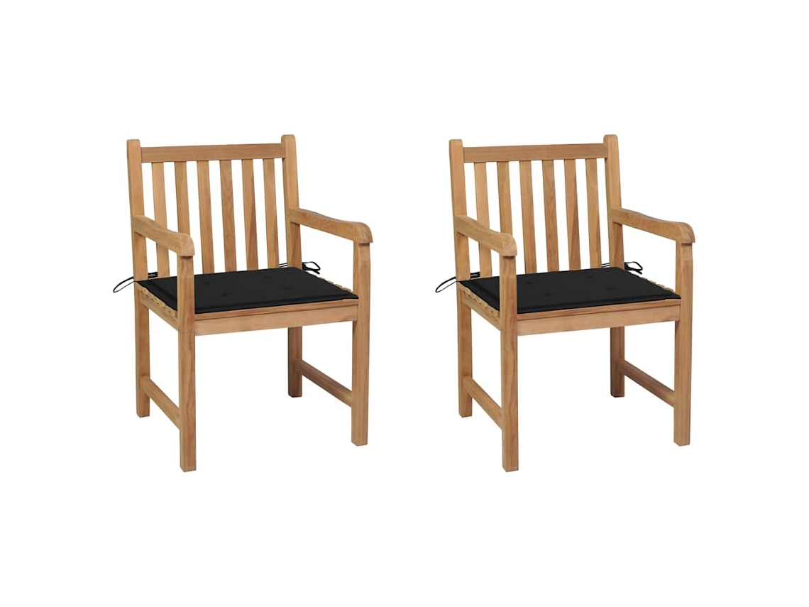 Vidaxl Cadeiras De Jardim C/ Almofadões Pretos 2 Pcs Teca Maciça
