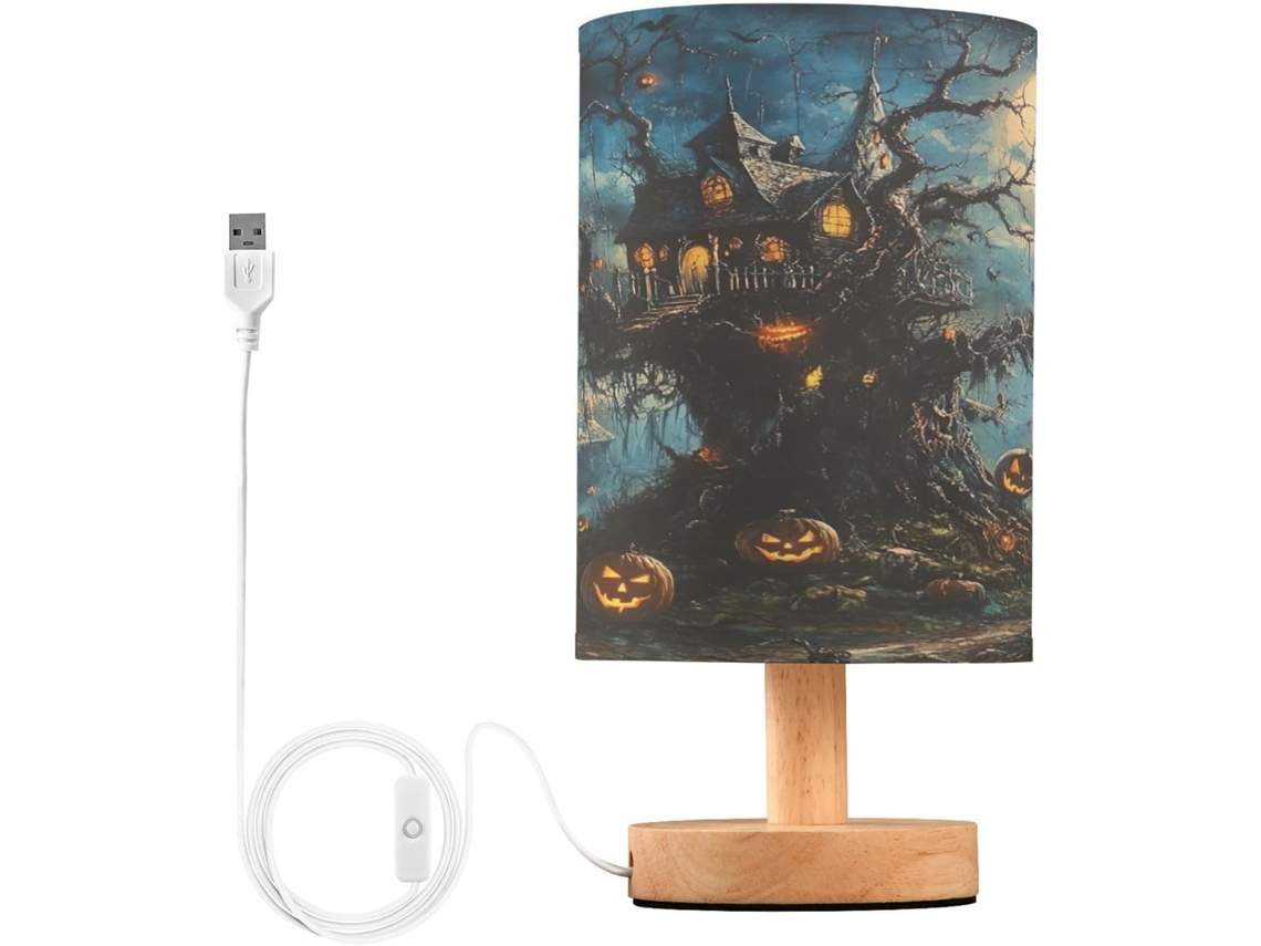 Luminária De Cabeceira Skyshu Castelo Halloween, Pequena Luminária De Mesa Led Usb Com Base Madeira Antiderrapante E
