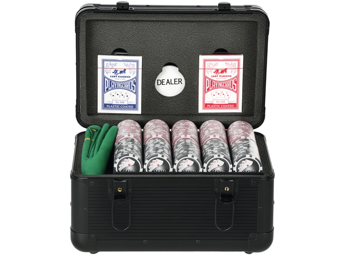Conjunto De Pôquer Com 600 Fichas Para 12 Jogadores, Estojo, 2 Baralhos De Cartas E Tapete, Preto.