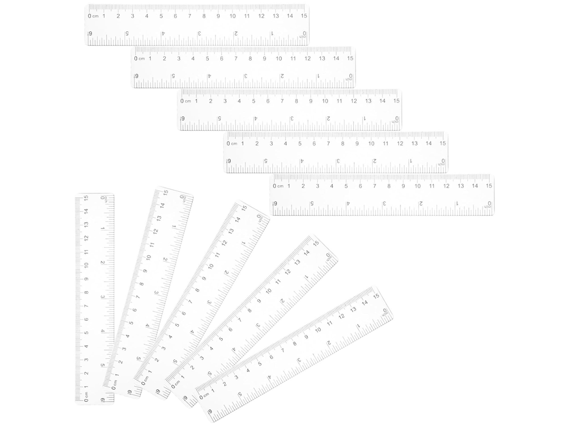 Conjunto de 10 réguas de plástico transparente para estudantes, régua multifuncional de medição precisa com escala dupla.