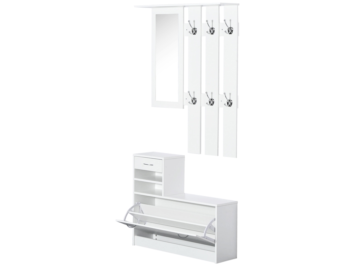 Móvel Cabide De Entrada 3 Peças Com Armário, Espelho, Sapateira E Gaveta 90x10x102 Cm Branco