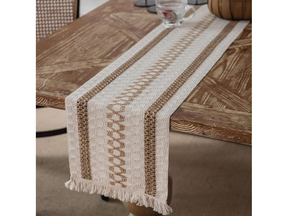 Caminho De Mesa 12x108 Polegadas Algodão Linho Bege Com Tassel Decoração Restaurante