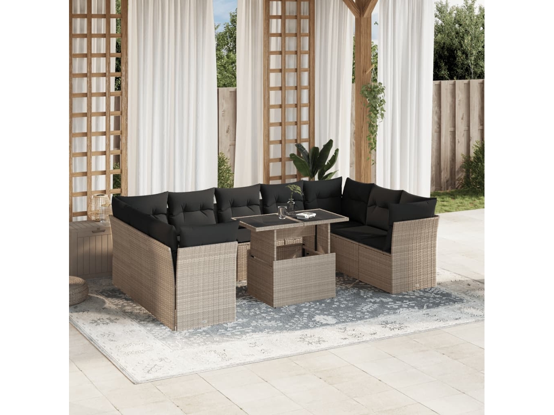 Vidaxl 10 Pcs Conj. Sofás Jardim Com Almofadões Vime Pe Cinzento-claro
