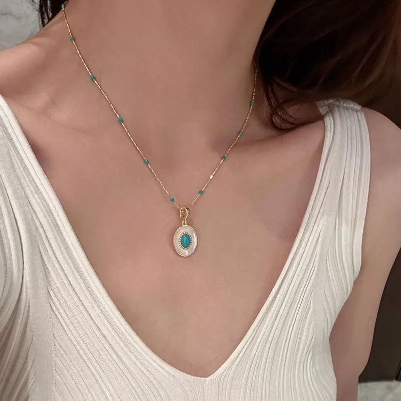 Colar Com Pingente De Concha Turquesa, Corrente Para Clavícula Sexy E Moderna.