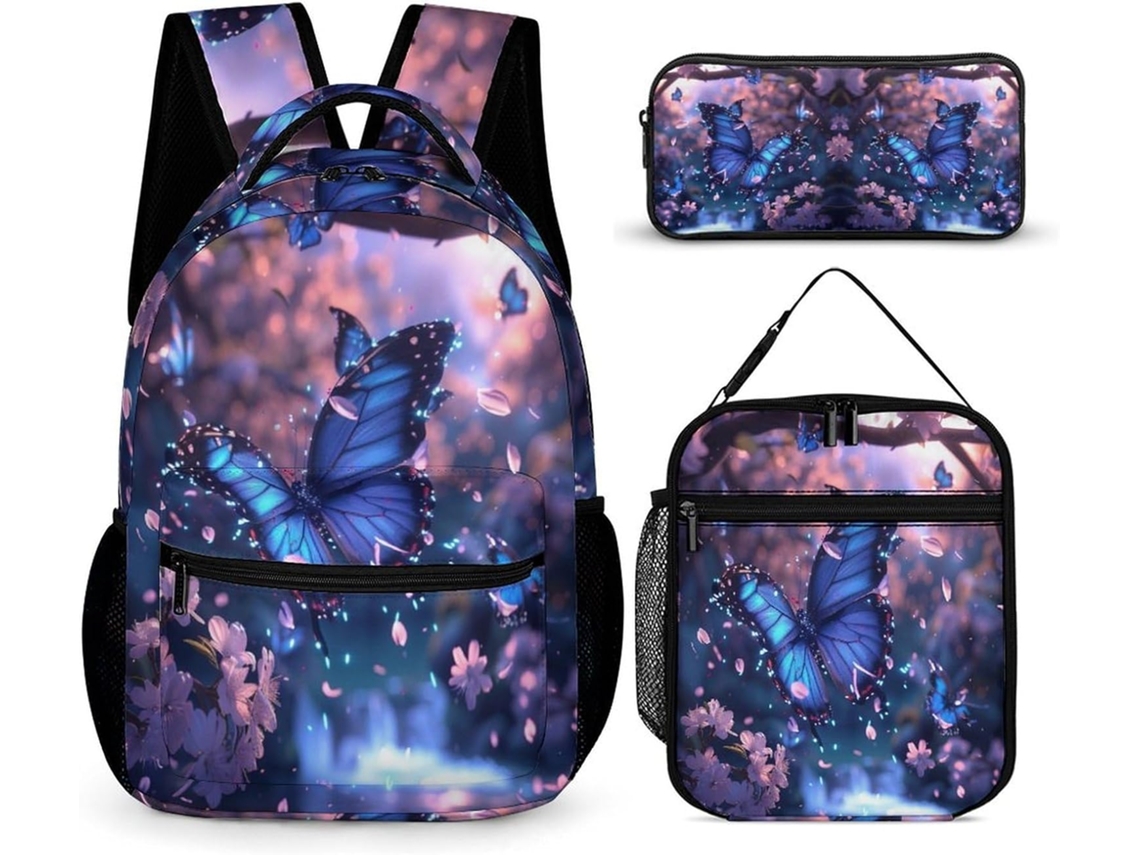 Mochila Escolar Infantil Com Estampa Borboleta, Lancheira Estojo, Colorida Para Meninas Meninos Do 3º Ao 5º