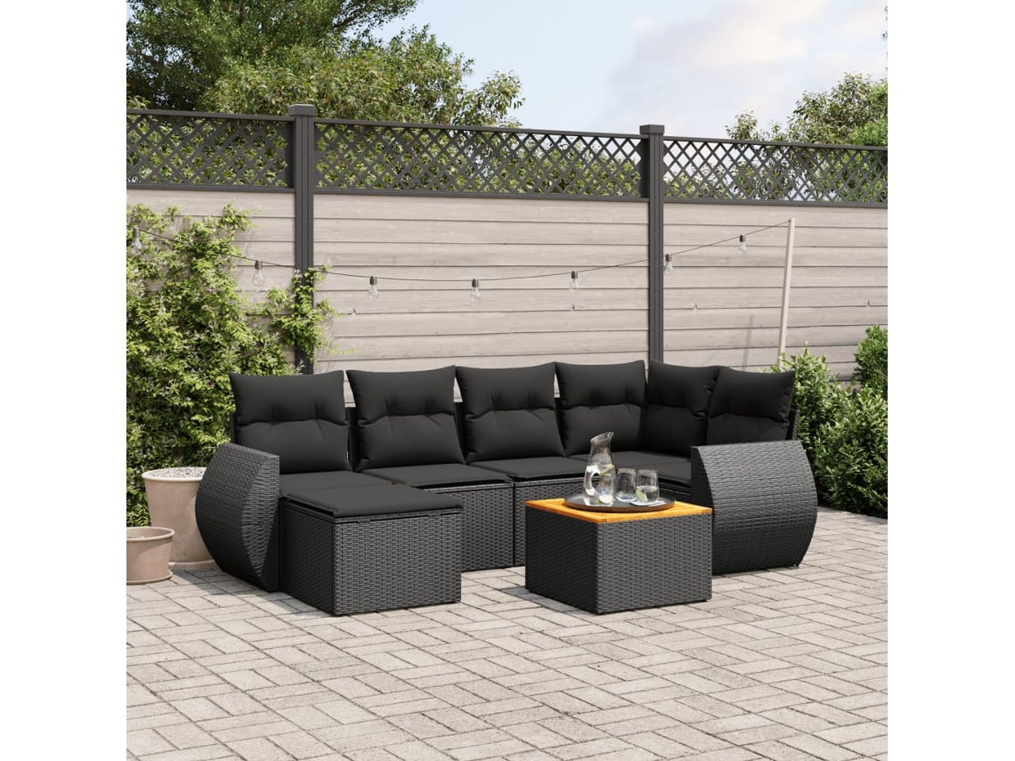 Vidaxl 7 Pcs Conjunto de Sofás P/ Jardim C/ Almofadões Vime Pe Preto