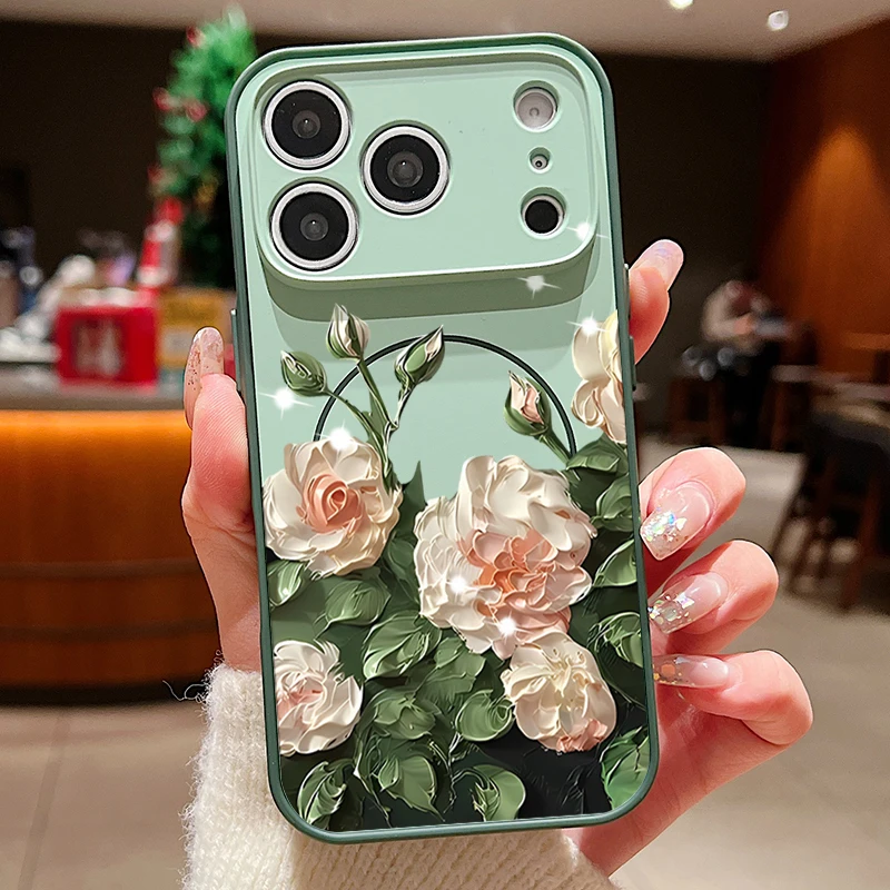 Capa Magnética Para Iphone 17 Com Estampa Floral Realista (verde), Resistente A Impactos.