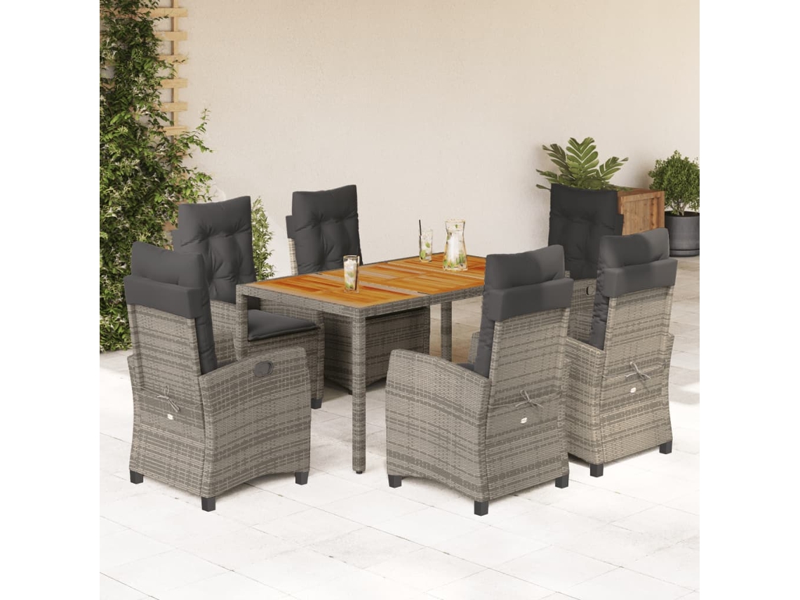 Vidaxl 7 Pcs Conjunto De Jantar P/ Jardim C/ Almofadões Vime Pe Cinza
