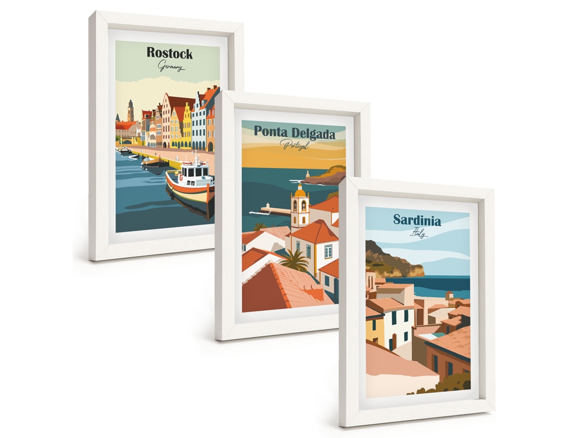 Galeria De Pinturas Na Parede Vistas De Cidades Costeiras Da Europa Moldura Branca Quadros Para O Escritório Espelharte (3 Peças 20x30 Cm)