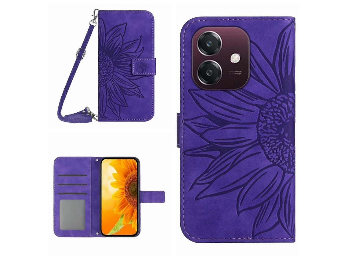 Capa De Celular De Couro Com Estampa De Girassol E Cordão Skin Feel