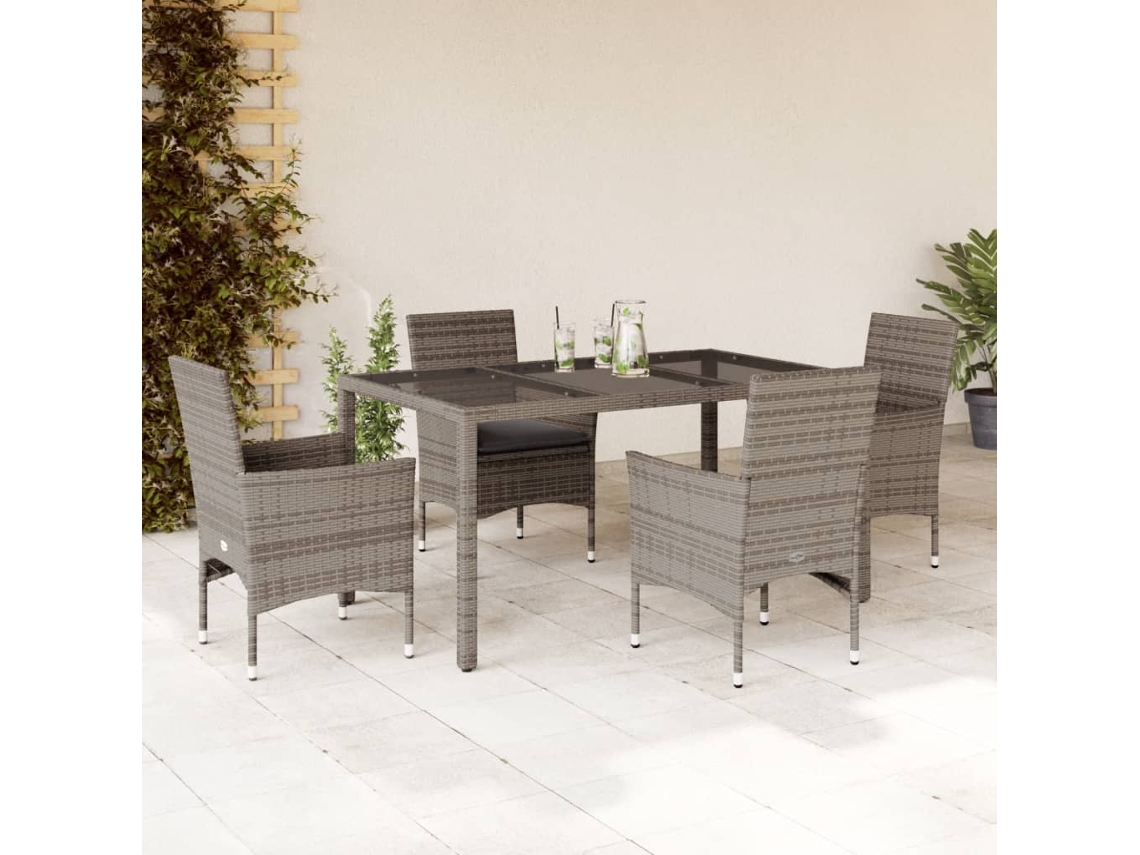 Vidaxl 5 Pcs Conjunto Jantar Jardim C/ Almofadões Vime Pe/vidro Cinza