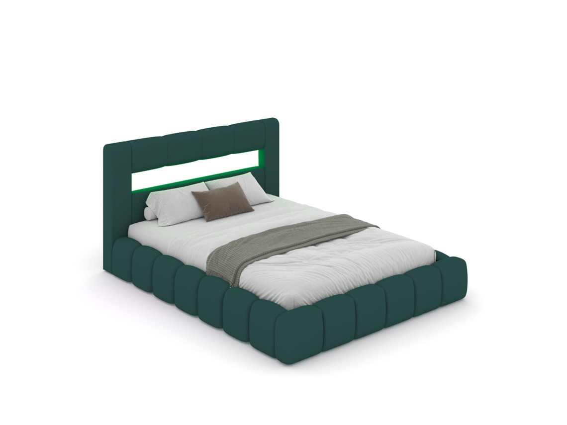 Omaha Cama Nuvem Led Com Peito 180x200cm Em Veludo Verde Com Cabeceira E Estrado