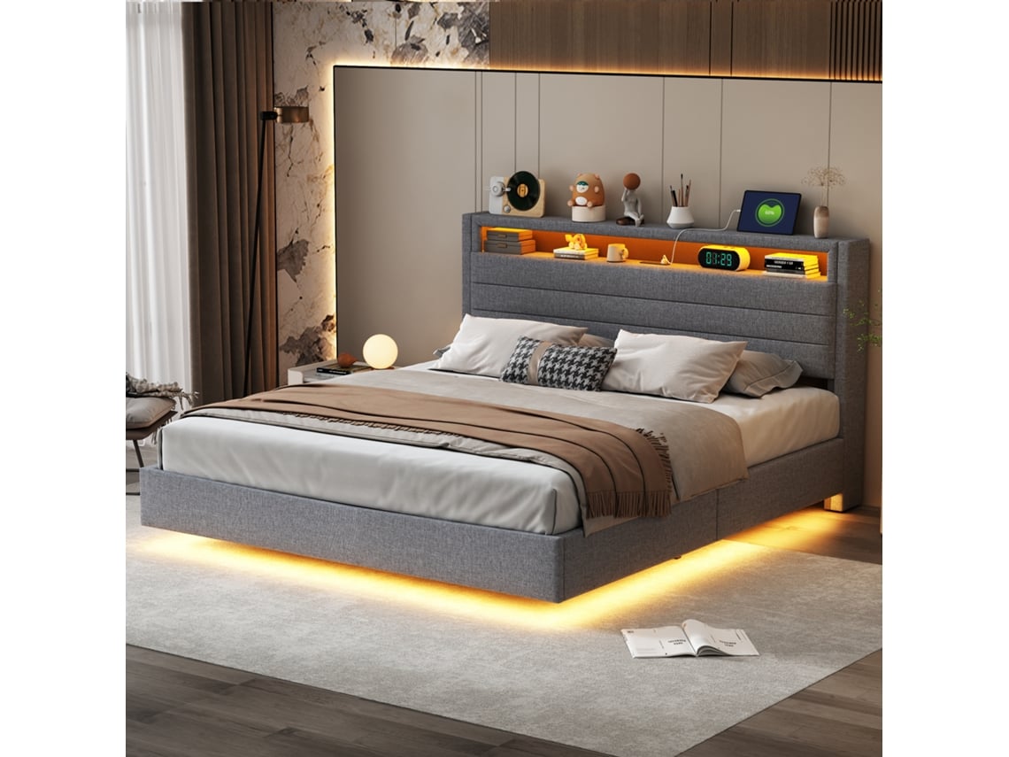 Cama Com Baú 160x200 Cm Em Linho Com Led E Tomadas Usb Cinza Mobrio