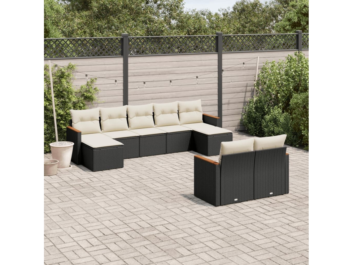 9 Pcs Conjunto De Sofás P/ Jardim C/ Almofadões Vime Pe Preto Dkd Home Decor