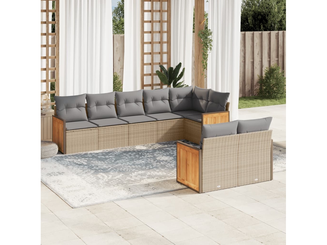8 Pcs Conjunto De Sofás P/ Jardim Com Almofadões Vime Pe Bege Dkd Home Decor