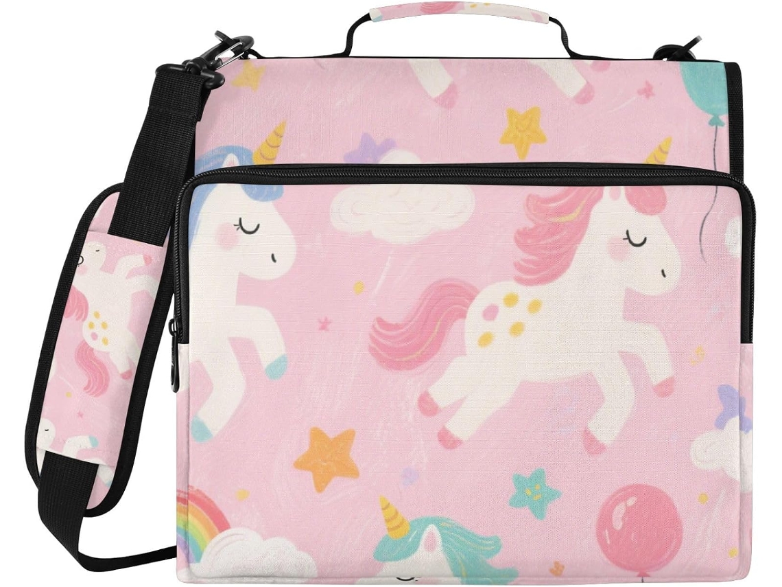 Organizador Fofo Com Desenho De Unicórnio Arco Íris, 3 Argolas Com Zíper, Alça, Vários Bolsos, Bolsa Guardar