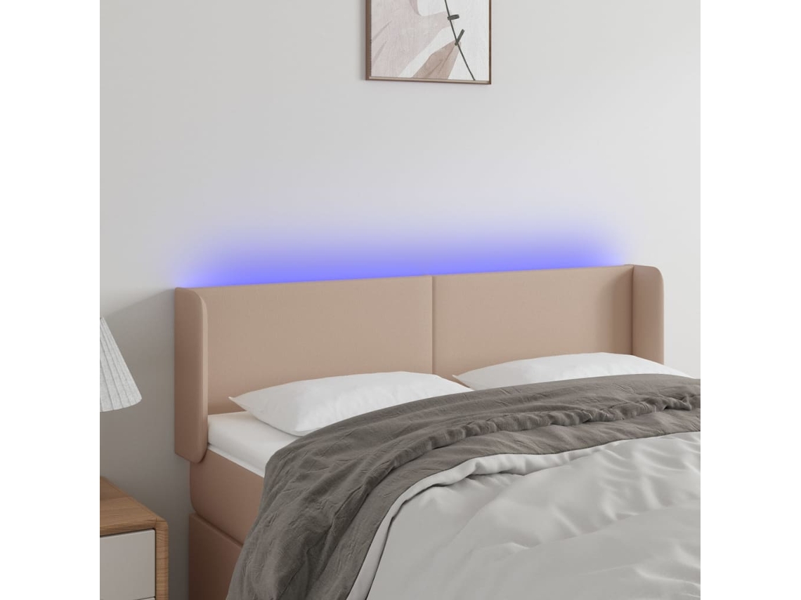 Vidaxl Cabeceira Cama Led Couro Artificial 147x16x78/88 Cm Cappuccino