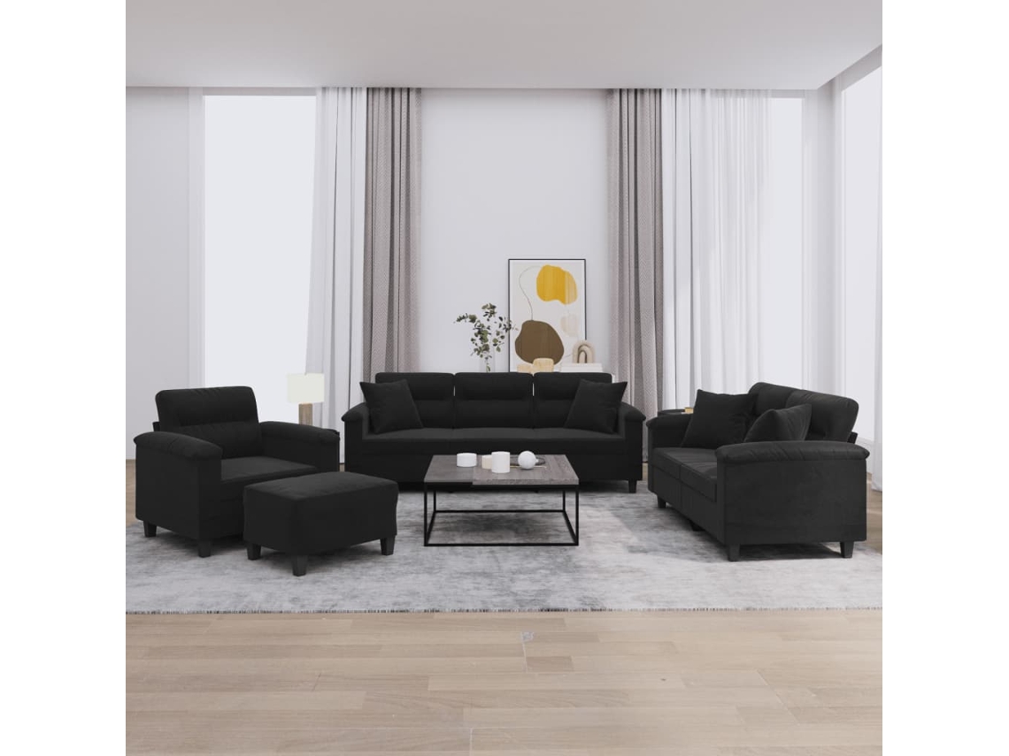 Vidaxl 4 Pcs Conjunto Sofás C/ Almofadas Tecido De Microfibra Preto