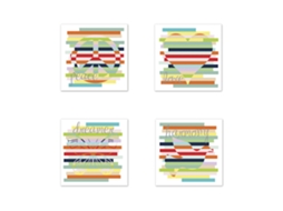 Conjunto de 4 pinturas decorativas com padrões abstratos em inglês e desenhos de impressão de letras.