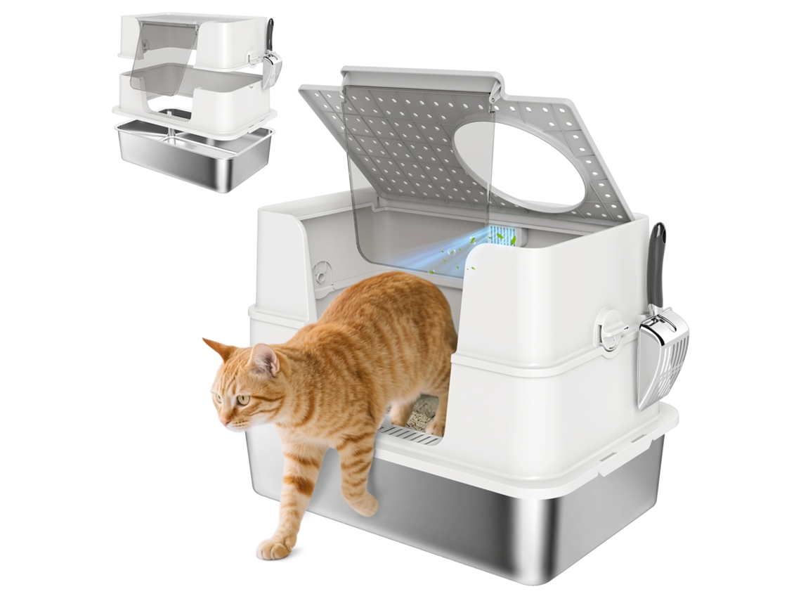 Caixa Areia Gatos Xl Aço Inox. C/ Tampa Articul. Laterais Altas Pá Fácil Limpar Antivazamento Cinza Claro