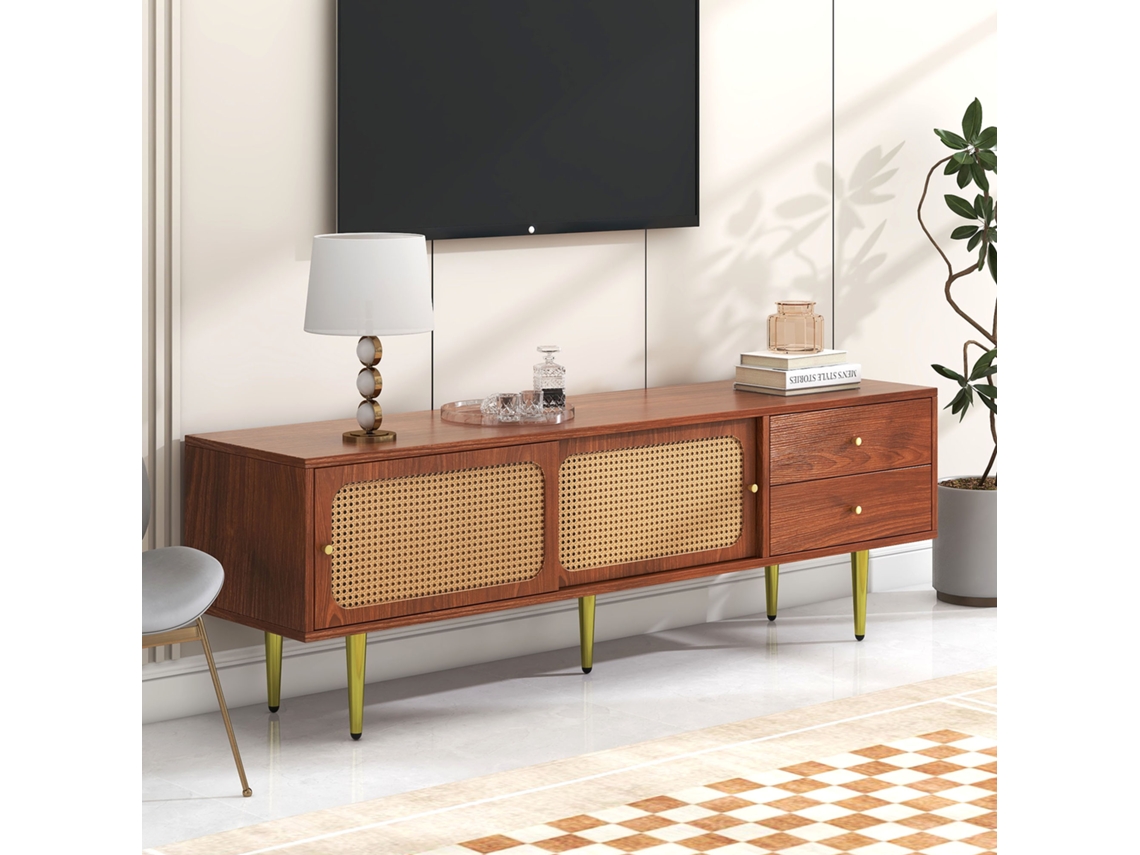 Suporte Tv Nogueira 160x40x60cm, Rattan, 2 Gavetas, 2 Portas Correr. Cs