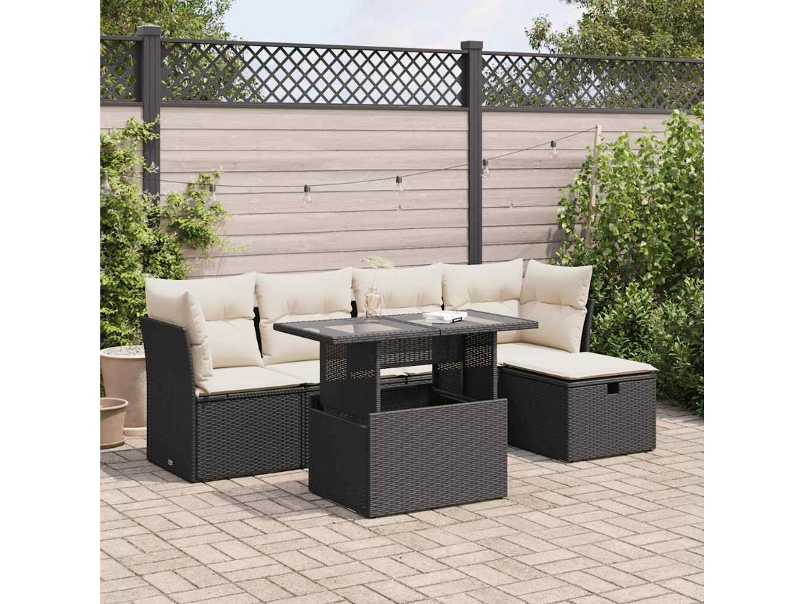 Vidaxl 6 Pcs Conjunto Sofás De Jardim C/ Almofadões Vime Pe Preto