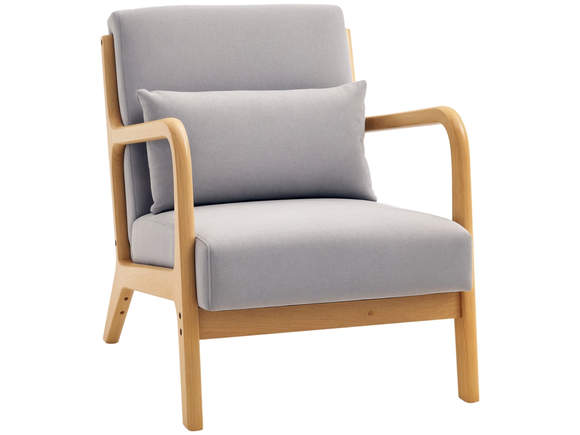 Poltrona de sala de estar nórdica acolchoada com apoio para os braços e estrutura de madeira de borracha 61x78x76 cm cinza | S/MARCA