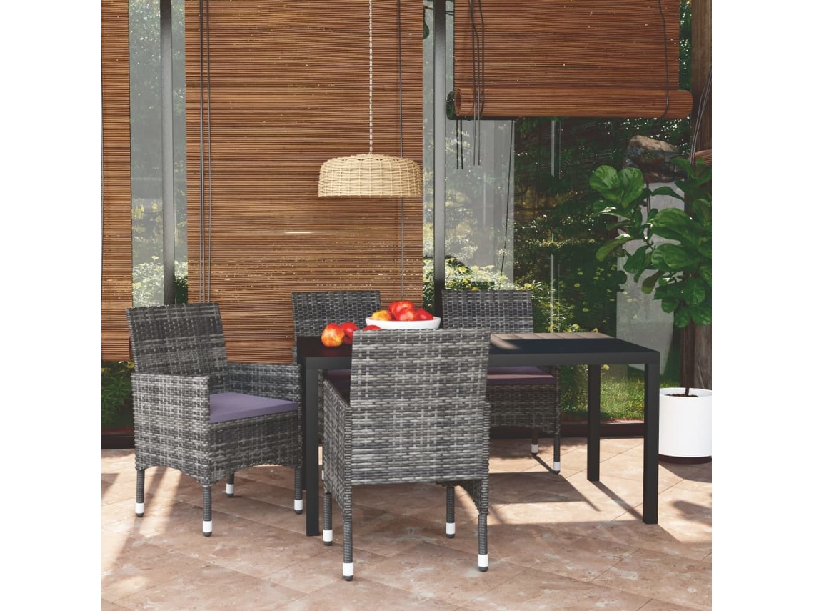 Vidaxl 5 Pcs Conjunto Jantar P/ Jardim C/ Almofadões Vime Pe Cinzento