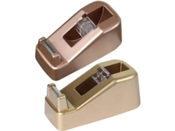 Dispensador portátil de adesivo de plástico, cortador sem rebarbas, design redondo para uso em mesas e bancadas.
