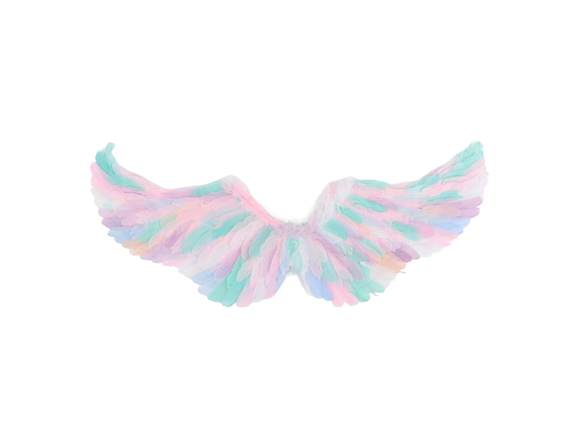 Asas de fada coloridas com penas para fantasias de princesa e anjo, Halloween, cosplay e festas.